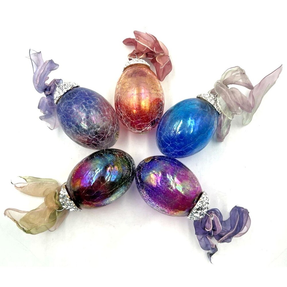 Set of 5 Kugel-Style Egg Ornament Crackle Glass Vintage Iridescent Multicolor 3"